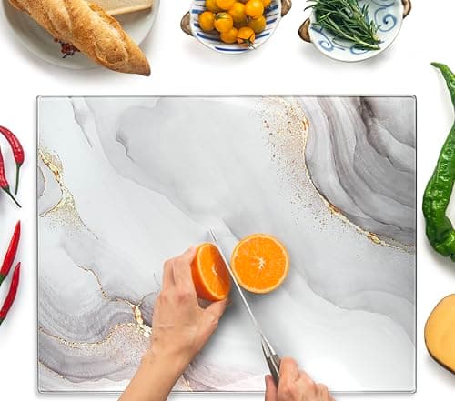 Image of Kitchenville Glass Chopping Board 50x40cm : Tempered Glass Worktop Savers for Kitchens, Durable, Scratch-Resistant, Heat-Proof - White & Gold