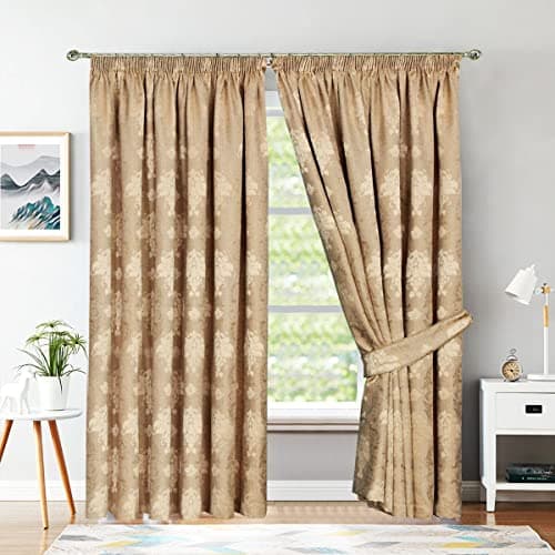 Image of Gold Jacquard Pencil Pleat Curtains 66 x 72 Inch - Luxury Fully Lined Window Curtains for Bedroom and Living Room - Decorative Virginia Drapes Set Of 2 Panels With Tie Backs
