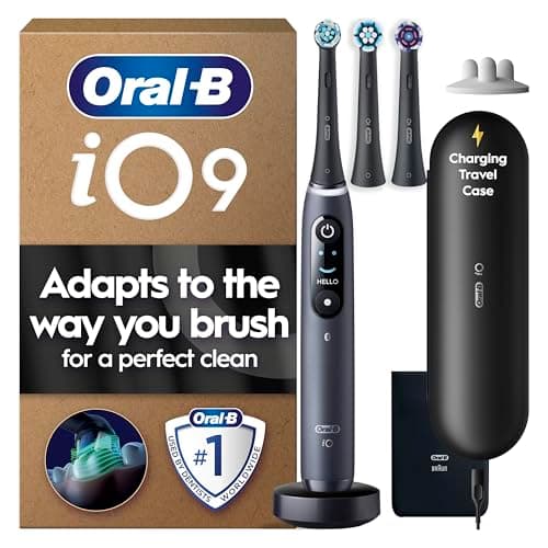 Image of Oral-B iO9 Electric Toothbrush for Adults, Black, App Connected Handle, 7 Cleaning Modes, Includes 3 Brush Heads, Charging Travel Case and Head Holder, Long-Lasting Battery for Home Travel, 2 Pin Plug