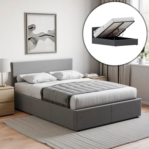 Image of Vida Designs Veronica Double Ottoman Bed Frame | Beige Linen | Upholstered Fabric | 4ft6 | Gas-Lift End Opening | Under-Bed Storage Space, Slatted Bed Base | Bedroom Furniture