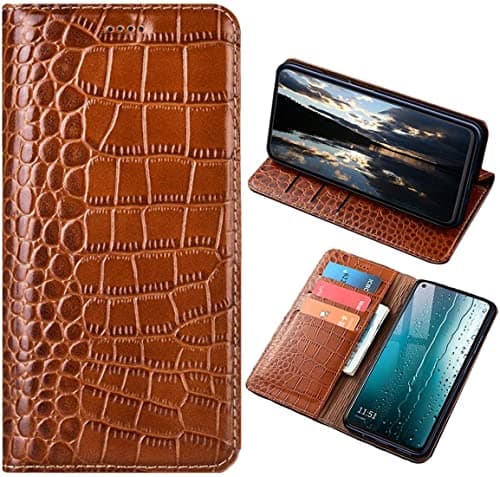 Image of For iPhone 13 Mini Leather Phone Case, Luxury Crocodile Texture Genuine Leather Flip Cover Case For Apple iPhone 13 Mini (5.4") with [ wallet ] (Brown)