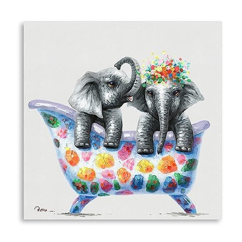 Image of Yidepot Funny Elephant Canvas Wall Art Painting Two Little Elephants in Colorful Bathtub Playing Picture Print Decorative Mural for Bathoom Framed and ready to hang (50x50CM)