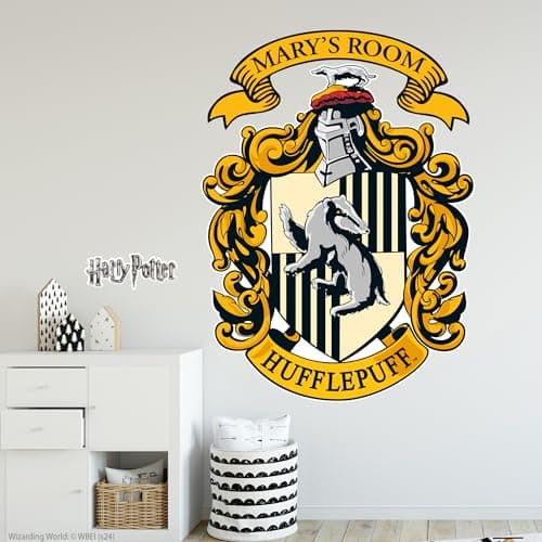 Image of Harry Potter Wall Sticker – Hufflepuff Crest & Personalised Name Wall Decal Wizarding World Art (60cm Height x 45cm Width)