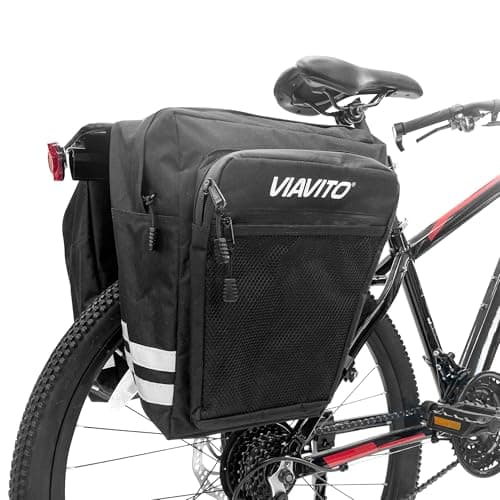 Image of Viavito Double Pannier Bag - Waterproof 600D Oxford Bike Rear Rack Bag with 2 Large Compartments, 4 Zipped Pockets & Reflective Stripes - Durable, Lightweight & Easy to Install for Cycling & Commuting