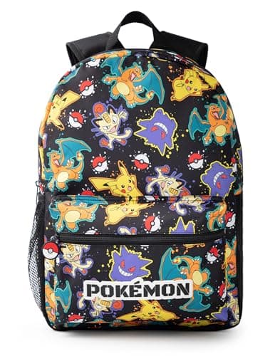 Image of Pokémon Pikachu Charizard Gengar Meowth Backpack in Black | Kids Character All Over Print Bag | Adjustable Shoulder Straps, Front Pocket & Mesh Holder