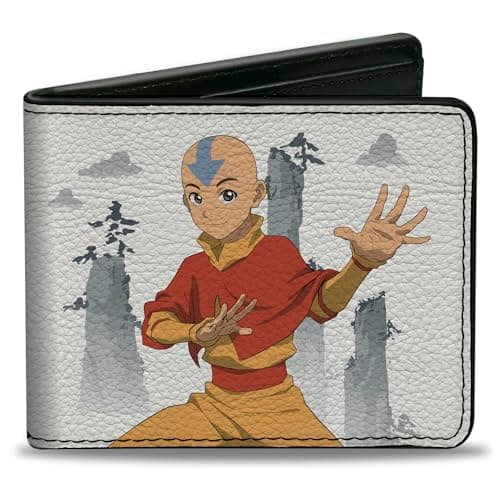 Image of Buckle-Down Nickelodeon Vegan Leather Mens Bifold Wallet with Billfolds, Card Slots & ID Holder - Avatar The Last Airbender Aang Bending Pose and Scenery - White & Grey, White, 4.0" x 3.5", Casual