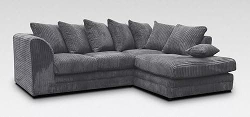 Image of Cord Corner Sofa Jumbo 3 2 Seater Grey Brown Coffee Cream Suite Armchair Chair 6 COLOURS (RIGHT HAND CORNER SOFA, CHARCOAL GREY)