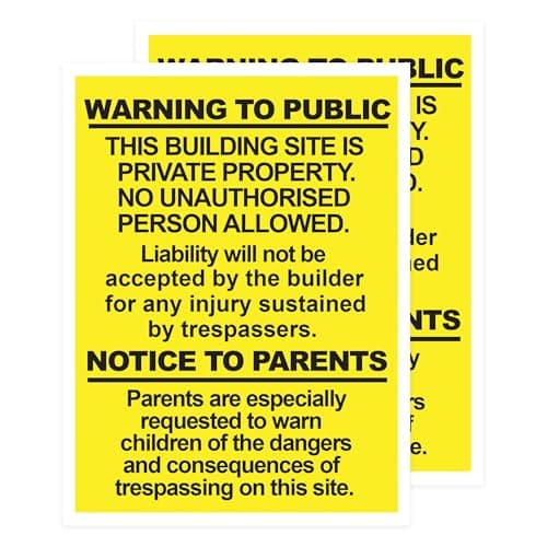 Image of RDLCAR Building Site Warning Signs 1mm Thick PVC Pack of 2 Durable 300mm x 400mm Public Safety Signage High Visibility Weatherproof Portrait