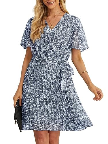 Image of GRECERELLE Womens Summer Casual Wrap Dress Chiffon Floral Cute Pleated Beach Tie Waist Dresses for Women (PD Dark Blue, M)