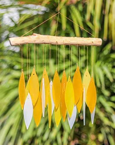 Image of Yellow & White Glass Wind Chime Recycled Glass and Bamboo Driftwood Garden Chime Hanging Outdoors Indoors Multicoloured Fairtrade Eco Friendly Handmade Fairtrade