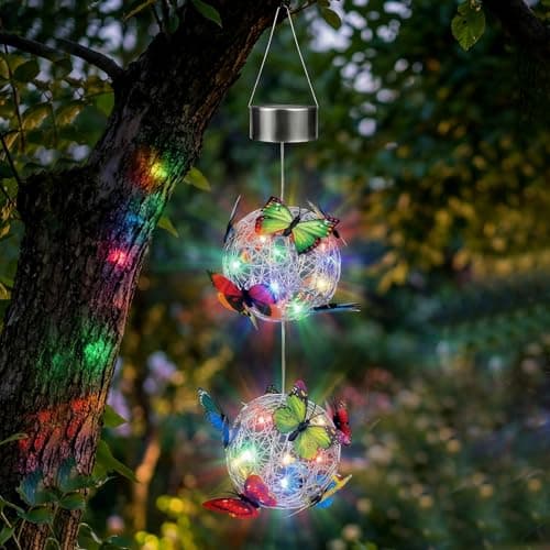 Image of Solar Hanging Butterfly Ball Light, Solar Lights Outdoor Garden, Waterproof Round Mesh Orb Ball Butterfly Lights, LED Garden Ornaments Yard Outdoor for Home, Yard, Patio, Party, Lawn, Wedding