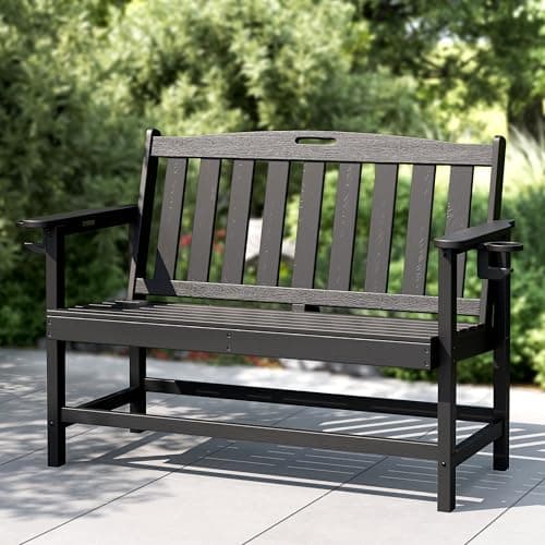 Image of PHI VILLA Garden Bench, Weatherproof HDPE Bench with 318kg Capacity, 2-3 Seater Patio Benches for Outdoors, Park, Yard and Porch, Black