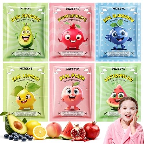 Image of 6 Pack Fruit Face Masks for Girls & Teens, Hydrating Kids Sheet Facial Mask with Natural Fruit Extracts, Gentle for Sensitive Skin, Skincare Gift Set for Party & Daily Care, Spa Party Favors