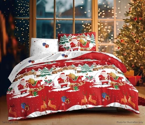 Image of Chalotte Andersen Santa Christmas Duvet Cover Single – Reversible Xmas Bedding Set with Pillowcase – Red Santa Sleigh & Reindeer Design – Soft Festive Bedding for Kids & Adults (Red, Single)