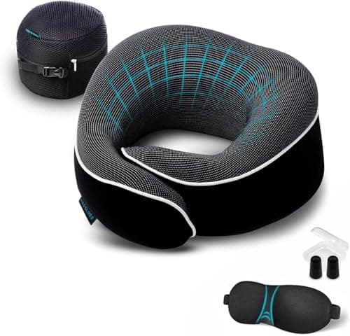 Image of Proglobe Travel Pillow, Memory Foam Neck Pillow Set, Orthopedic Pillow, Travel Essentials for Flying, Kit with 3D Contoured Sleep Mask and Luxury Mesh Bag (Black)