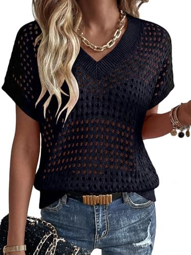 Image of Magritta Shirts Womens Summer Blouse Elegant Smart Short Sleeve V Neck Ladies Longline Tunic Plus Size Flowy Solid Swing Dressy Tops Navy Blue, 22-24