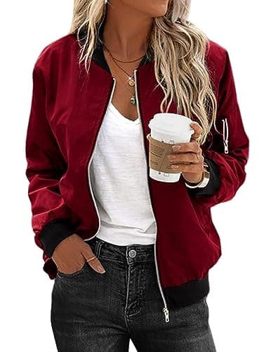 Image of Zeagoo Jacket Women Lightweight Zip Up Bomber Jackets Long Sleeve Flight Top Utility Outwear with 2 Pockets Red Wine XXL