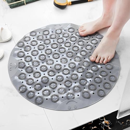 Image of Shower Mat with Suction Cups,Shower Mat Non Slip Anti Mould,Round Non-Slip Bath Mat 53 * 53cm Anti Mould PVC Bath Mats with Drain Hole and Massage Bubble Easy to Clean and Care (1*Grey)