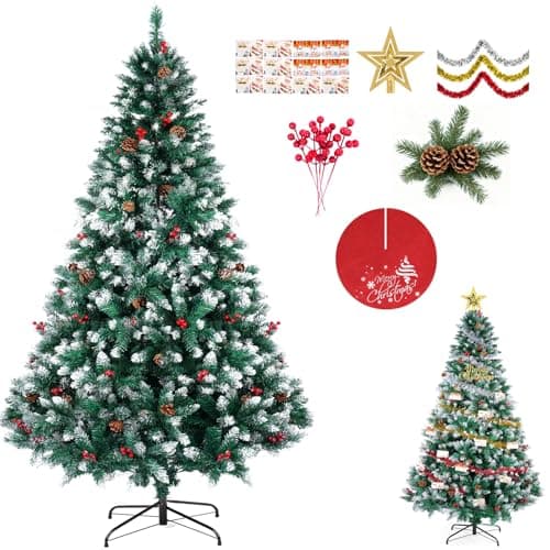 Image of Artificial Christmas Tree, 6FT Holiday Xmas Tree 1400 Branch Tips, Upgraded Metal Base, Includes 6 Different Decorations