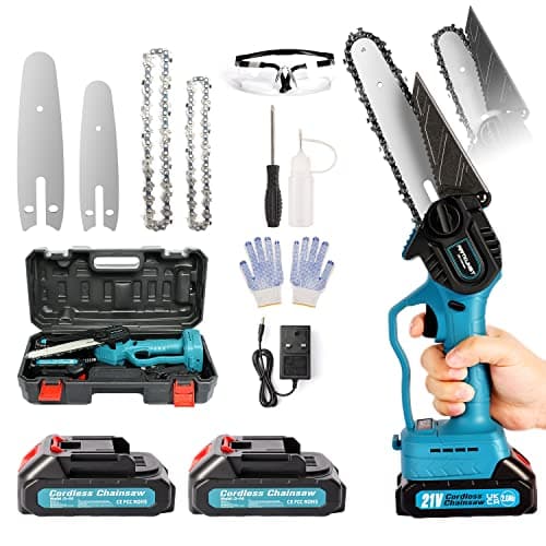 Image of Upgraded 6inch Mini Electric Chainsaw with 2 Rechargeable Batteries, 21V Cordless Chainsaw with Safety Button for Tree Trimming & Wood Cutting