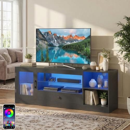 Image of TV Stand Cabinet for TVs up to 60 inch,TV Unit with RGB Lights,Gaming Entertainment Center with Door&Drawer&Open Adjustable Storage Glass Shelf,TV Console Table for Living Room Bedroom,Modern (Black)