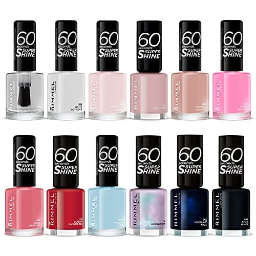 Image of RIMMEL LONDON - 60 Seconds Super Shine Nail Polish Set - Super Glossy, Ultra Shiny Finish - Precise One Stroke Application - Up To 10 Days Wear - High Impact Colour - 12 Assorted Shades