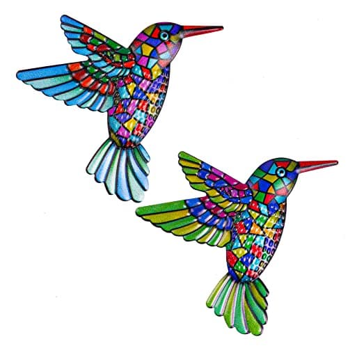 Image of OFFCUP Metal Hummingbird Wall Decor, 2 Pack Metal Hummingbird Wall Art Decor, Wrought Iron Colorful Hummingbird Wall Sculptures, Outdoor Garden Fence Ornaments Hanging for Backyard Porch Patio