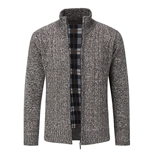 Image of Sliktaa Mens Knitted Cardigan Thick Sweater Full Zip Stand Collar Warm Jumper Fleece Lined Winter Coat, Brown, XL