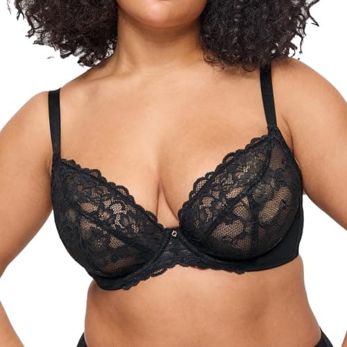 Image of Ann Summers Sexy Lace Fuller Bust DD+ Non Padded Plunge Bra, DD-H Cup, Curve-Enhancing Womens Underwear with Underwire Support, Sheer Lace Cups & Power Mesh Wings Black - Womens Lingerie