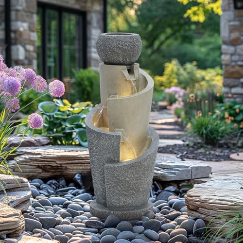 Image of CHARLES BENTLEY 3 Tier, Water Feature, UV Resistant, Weather Resistant, Mains Powered, Plug Included, Frost Resistant, Modern, Water Fountain, Built In LED Lights, Polyresin, Stone (66.5x28x28cm)