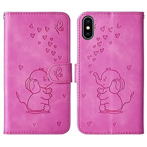 Image of Tiyoo Embossed Love Heart Phone case for iphone XS MAX Elephant Butterfly Pattern Folding Stand PU Leather Wallet Flip Cover Protective Case with Card Slots, Magnetic Closure (Purple Red)
