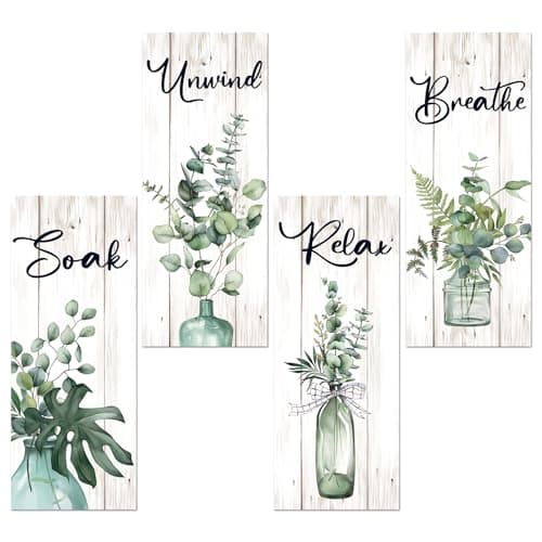 Image of Arquiel 4Pcs Boho Plants Wooden Wall Art Decor Green Leaves Wood Wall Hangings Rustic Laundry Wooden Plaque Bathroom Living Room Bedroom Wall Decor (W: 11.8inches/30cm)
