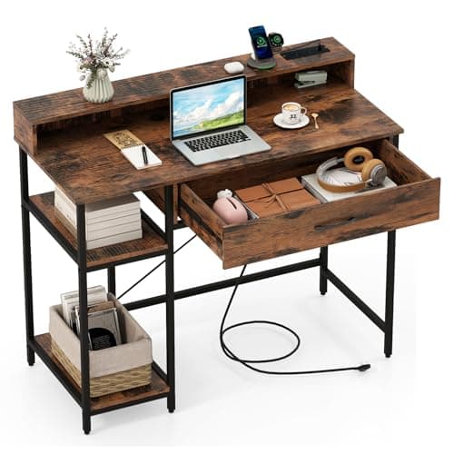 Image of COSTWAY Computer Desk, Wooden Study Table Writing Workstation with Monitor Stand, Storage Shelves & Drawer, Heavy-duty PC Laptop Table Working Desk for Home Office (Rustic Brown, 106 x 48 x 90cm)