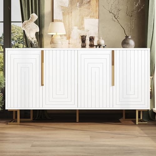 Image of BTM Modern Sideboard for Living Room Storage Side Board Cabinet with Golden Handles and Feet, White 152 x 40 x 75 cm