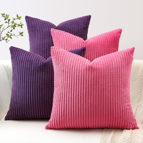 Image of JOTOM Set of 4 Corduroy Striped Soft Cushion Covers 45x45 cm Boho Decorative Throw Pillow Covers Square Pillowcase Couch Home Decor Pillow Covers for Sofa Bedroom (Hot Pink Purple)