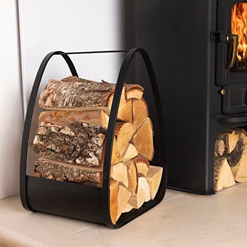 Image of CHARLES BENTLEY Log Holder, Snug, Larch Log Holder, Iron, Solid Flat Base, Contemporary Design, Black Matte Finish, 6KG Log Capacity, Modern, Log Storage, Fire Place, Log Burner (51x39x31cm)