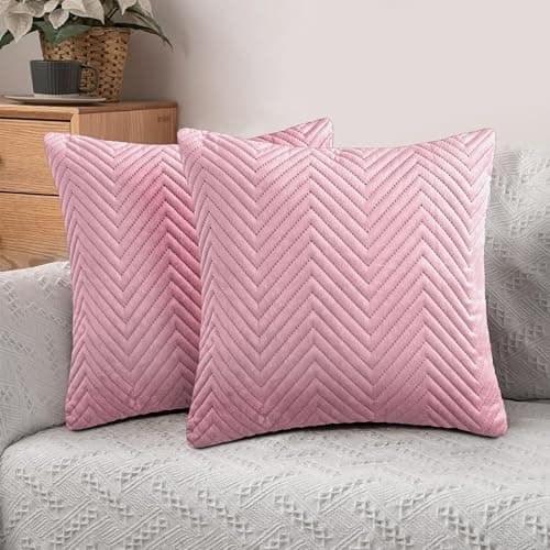 Image of Hafaa Cushions with Covers Included 45 x 45 Cm Set of (2 Pink Cushion Covers, 2 Cushion Inserts) - Ultrasonic Velvet Square Throw Pillow Case Decorative Sofa Cushion with Invisible Zipper