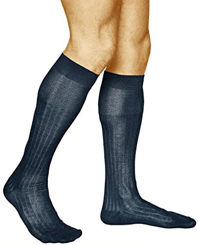 Image of vitsocks Men's Elegant 100 COTTON Thin Long Knee High Socks (2 PAIRS) Formal Dress Ribbed Over the Calf Kneehighs, navy blue, 8.5-9.5