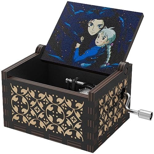 Image of HLZK Howl's Moving Castle Wood Music Box,Anime Theme Music Merry Go Round of Life Wooden Hand Cranked Musical Boxes New Year Birthday Gift (Black)