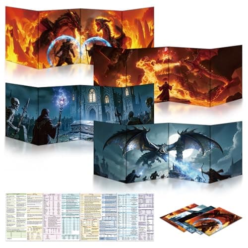 Image of Byhoo DM Screen 4 PCS for D&D 5E - Epic Themes Dungeon Master Screen, Waterproof Reusable Surface with Adjustable Stands, Tri-Fold Portable A4 Size Compatible with 5E Core Rules