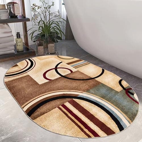 Image of LONGSAO Oval Short Pile Area Rugs Extra Large Living Room Rug Anti Slip Washable Home Decor Carpet Vintage Patchwork Geometric Yellow Brown，150 x 200 cm