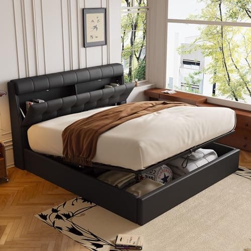 Image of MYBOO Upholstered Ottoman Bed, 4ft6 Double Bed Frame with Hydraulic Storage&Concealed Headboard Storage, Gas Lift Up Upholstered Double Bed with Slats, PU, No Mattress, Black