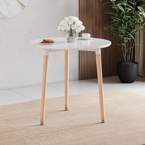 Image of Vida Designs Batley Round Dining Table, Modern Round Kitchen Table with Natural Beech Wood Legs, Compact Dining table for Small Kitchen & Dining Room Furniture (White, 3 Seater)