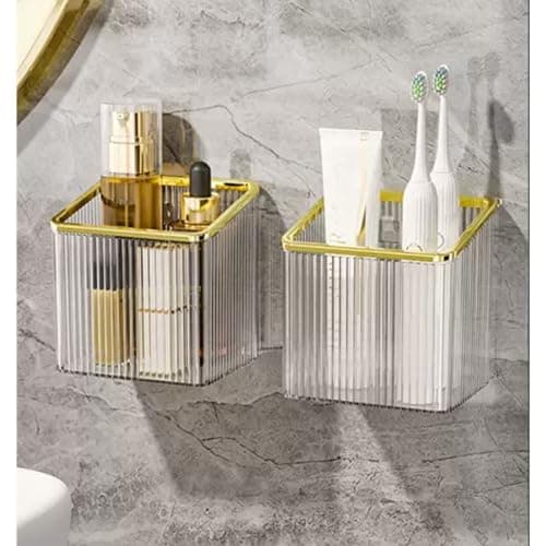 Image of yaocoral Wall Mounted Toothbrush Holder for Bathroom Adhesive Shower Organizer Holder for Tooth Brush,Electric Toothbrush,Toothpaste,Razor,Makeup Brush,Cosmetic,Adhesive Wall Bucket,Set of 2(Gold)