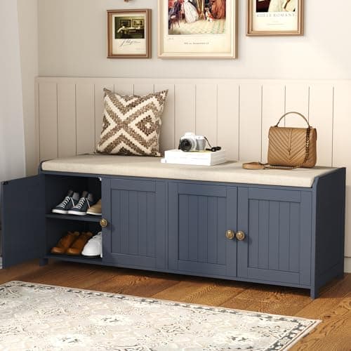 Image of HOME BI Shoe Storage Bench with Cushion, 4 Door Entryway Bench with Padded Seat, 2-Tier Shoe Organizer with Adjustable Shelves, Wooden End of Bed Bench for Bedroom, Hallway,Living Room,Entrance, Blue