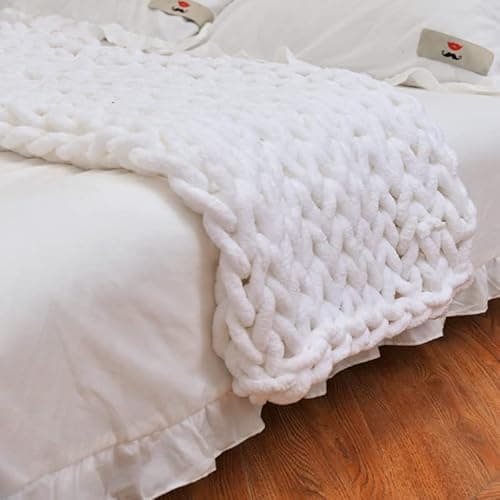 Image of Chunky Knit Blanket Throw, 100% Hand Knitted Warm Chenille Throw Blanket, Big Home Decor Soft Thick Yarn Cable Knit Blanket for Couch Bed Sofa Best Gift (White, 40"x40" (Small Size Throw))