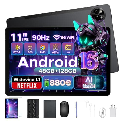 Image of POPUX P11 11 Inch Tablet, Android 16 Tablet with Gemini AI, 48GB RAM+128GB ROM/TF 2TB, Octa Core T7250, 90Hz Display 8800mAh Tablets with Keyboard, Pen, 13MP+5MP, 3.5mm Headphone, 5G WIFI, OTG, Black