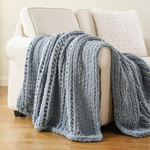 Image of Battilo Chunky Knit Blanket Throw, Soft and Thick Chenille Throw Blanket, 125x150cm Handmade Cable Knit Crochet Blanket, Large Rope Knot Throw Blankets for Couch Sofa Bed Home Decor, Bluish Grey