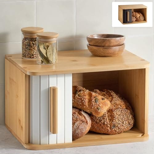 Image of Praknu Small Bread Bin – FSC® Wooden Bread Box with Sliding Door for Kitchen – Preserves Freshness for Longer – Space Saving Design – White