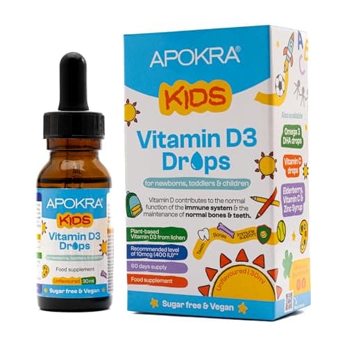 Image of Vitamin D Drops Baby & Kids - Vegan - 60 Days Supply – 30mL – Preservative Free and Sugar Free Kids Vitamins - VIT D 400IU in MCT Oil - 10 micrograms per 0.5mL | APOKRA